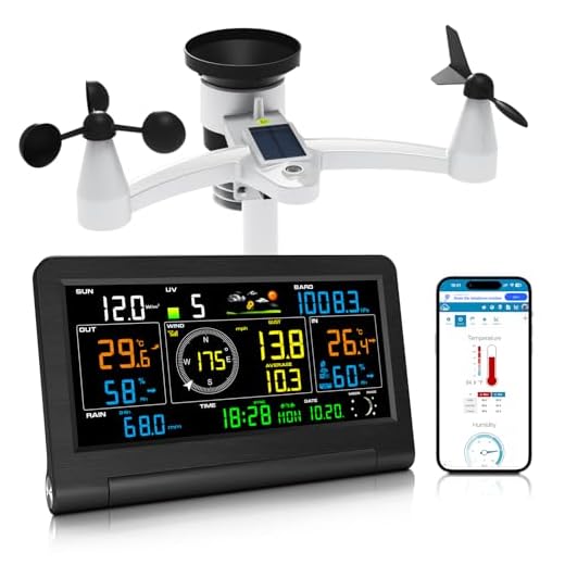 Urageuxy Wetterstation Wlan 7-in-1 mit Regenmesser & Windmesser, Innen-/Außenthermometer, Hygrometer, Luftdruck, UV-Index, Wettervorhersage, Mondphasen, für präzise Wetterdaten