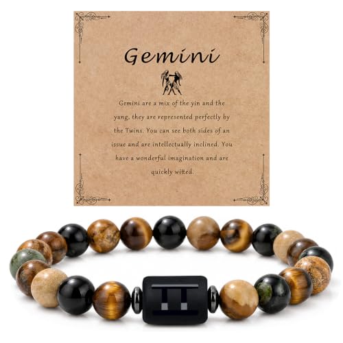 Gemini Zodiac Bracelets 8mm Handmade Protection Stone Bracelet for Women 12 Constellations Healing Beaded for Men Gemstone Obsidian Crystal Stone for Daughter Men Birthday Gifts Special Gifts