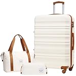 LONG VACATION Luggage Sets 28 in Suitcase Luggage 3 Piece Set, ABS+PC Hardshell Luggage with Spinner Wheels & YKK Zipper TSA Lock for Travel Esssentials (White-Brown, 28 INCH)