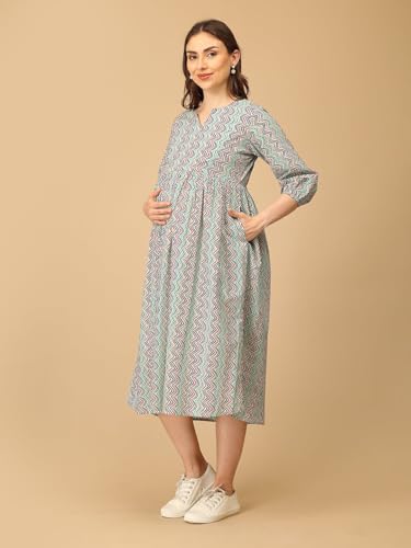 Image of The Mom Store Maternity and Nursing Dress | Pre and Post Pregnancy Dress for Womens | Zipper /Button Opening | Causal Wear | Trendy Stylish Causal Dresses for New Moms