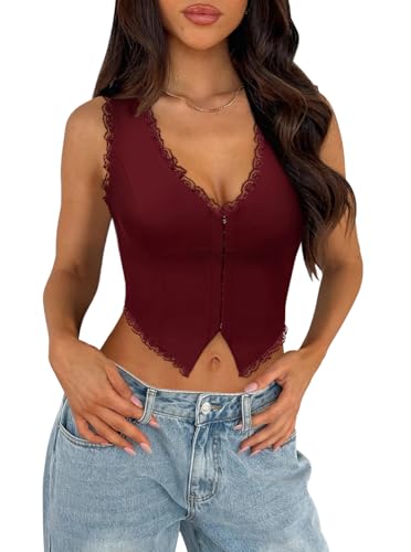 UNCOOYEE Sexy Lace Top for Women Trendy Summer Outfits 2025 V Neck Sleeveless Y2K Corsets Going Out Tank Crop Tops Ancora Red Medium