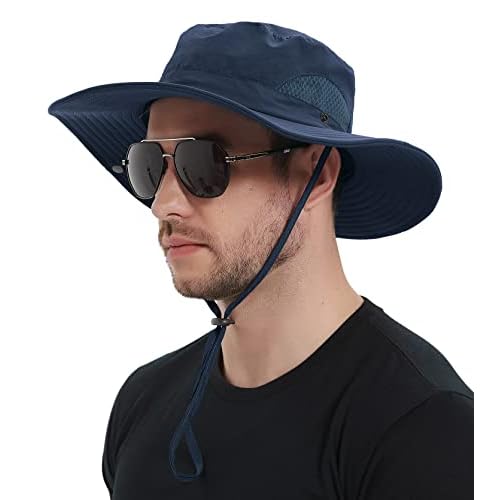 Wmcaps Sun Hats for Men, Wide Brim UPF 50 Sun Hats Summer Mesh UV Protection Beach Safari Hat, Fishing Walking Hiking Boonie Hat with Adjustable Chin Strap Waterproof Breathable