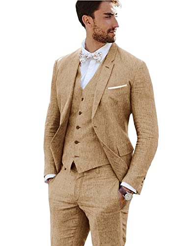 Casual Linen Suits for Men 3-Piece Dress Wedding Suits Retro Prom Tuxedo Groom Tux Blazer Vest and Pants Set Khaki-L