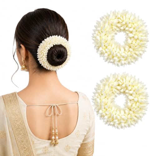 Image of Hair Flare Pack of 6 Scented Mogra Gajra Hair Accessories For Women & Girls - Hair Flower Bun Artificial Fake Gajra Scrunchies Rubber Band - Premium & Voluminous 2709