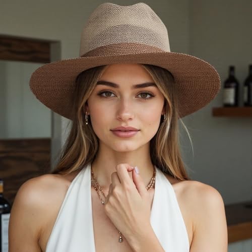 Wide Brim Straw Panama Hat, Fedora Beach Sun Hat with Chin Strap, Sun Protection Khaki Cowboy for Seaside Beach Picnic2