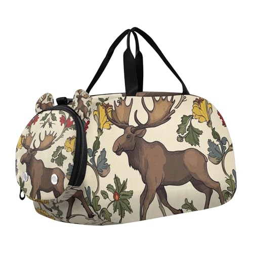 Glaphy Moose Animal and Floral Retro Duffle Bag for Toddler Boys Girls, Gym Sports Bag with Shoe Compartments, Kids Travel Overnight Weekender Shoulder Bag