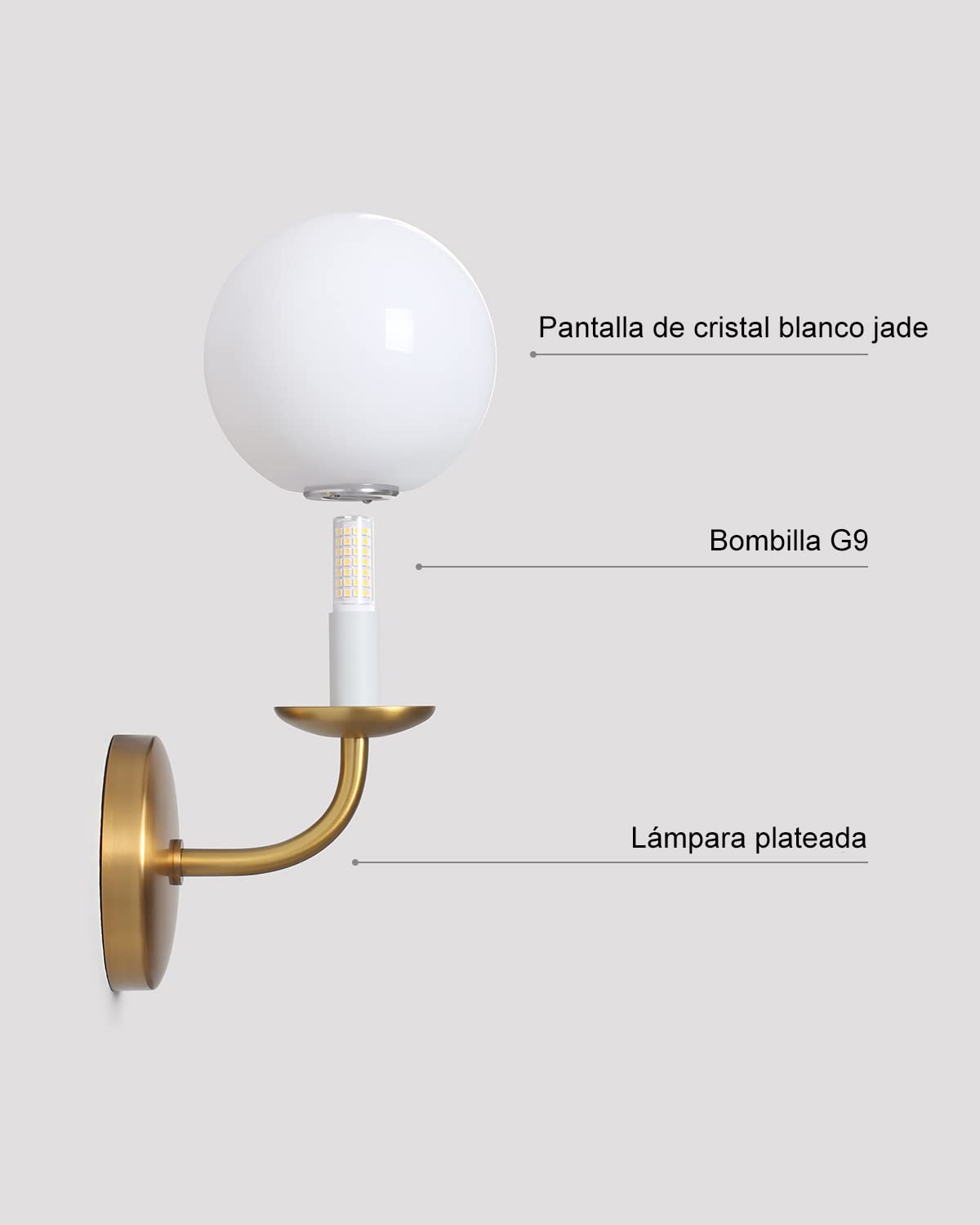 DAWALIGHT Aplique Pared Dorado, Globo de Cristal con Fuente G9 LED Blanco Cálido, Aplique Pared Interior Impermeable para Baño, Dormitorio & Sala de Estar, Oro Satinado
