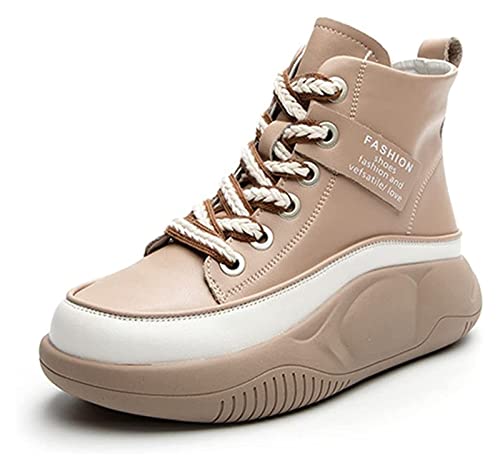 Tzsaixeh Women Heightening Thick Sole Shoes, Wide Width Trendy Heightening Chunky Leather Ankle Booties Platform Shoes (Color : Brown, Size : 8)