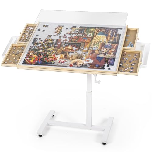 ROPODA 1500 Piece Jigsaw Puzzle Table Jigsaw Table with 6 Drawers Cover and 4 Roller Wheels Wooden Puzzle Board with 4 Tilt Angle & Height Adjustment Tilting Tables for Adults Kids 35 x 26.8 in