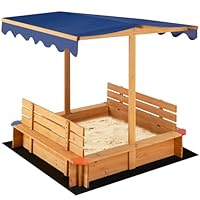 Maxmass Wooden Kids Sandbox, Children Square Sandpit with Canopy, 2 Convertible Seat Benches, Bottom Liner, Outdoor Sand Play Pit Backyard Playset for 3+ Years Old Boys Girls