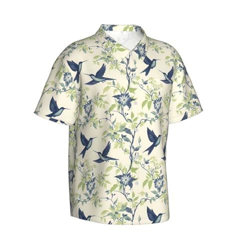 Divertidas camisas hawaianas para hombre, diseño de hojas de colibrí, camisa de manga corta con botones para hombre, Negro, S