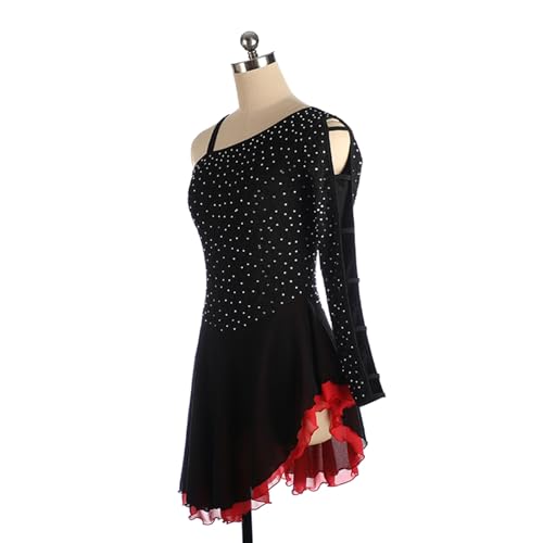 Vestido de patinação artística, strass brilhante, patchwork preto e vermelho, manga única, fantasia