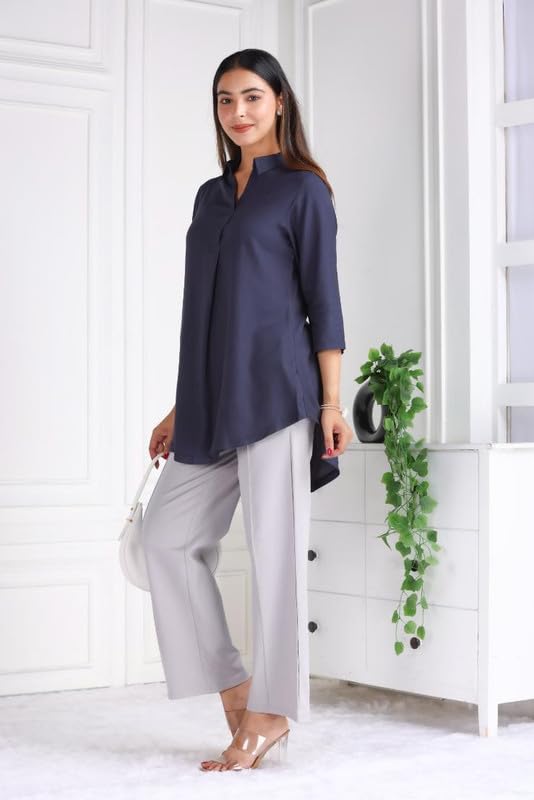Image of Mlada Rayon Flare Top for Women | 3 /4th Sleeve Regular Fit and Flare Top | Women Office Tops Tunic | Western Long Shirt Top for Women | Shirt Collar Top for Women | Rayon Tunic Tops for Women Western