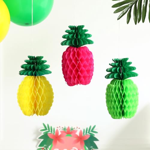 Image of Hawaiian Tropical Birthday Party Decorations, Flamingo and Palm Leaves Banner Pineapple Flamingo Honeycomb Ball Tissue Paper Fan Pom poms Flowers for Summer Luau Beach Party Suuplies