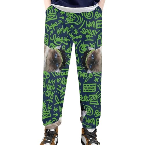 AmzPrint Cat Sweatpants for Boys Polka Dot Swiss Dot Baggy Navy High Waist Fall Cinch Bottoms Hiking Pants for Boys