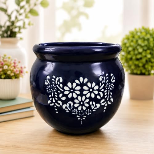 Image of Niyara Designer Ceramic planters pots for Indoor Outdoor Home, Garden Office Decor Balcony Planters Gamla Flower Size- Large, 8 inches (Blue Round Floral)