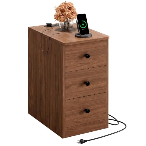Image of LIKIMIO Nightstand with Charging Station, 3 Drawers Modern for Bedroom | Built-in 2 AC Outlets , Type-C, USB port; spacious storage; side table for living room /bedroom; easy assembly; Walnut