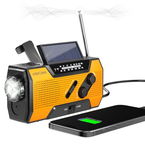 FosPower Emergency Solar Hand Crank Portable Radio, NOAA Weather Radio for Household and Outdoor Emergency with AM/FM, LED Flashlight, Reading Lamp, 2000mAh Power Bank USB Charger and SOS Alarm