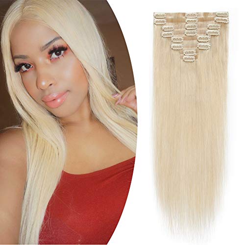Benehair Seamless Clip in Human Hair Extensions Platinum Blonde Tape Weft Invisible Light Weave for Women Straight Soft Hair 24 Inches 8pcs 18 Clips for Full Head #60