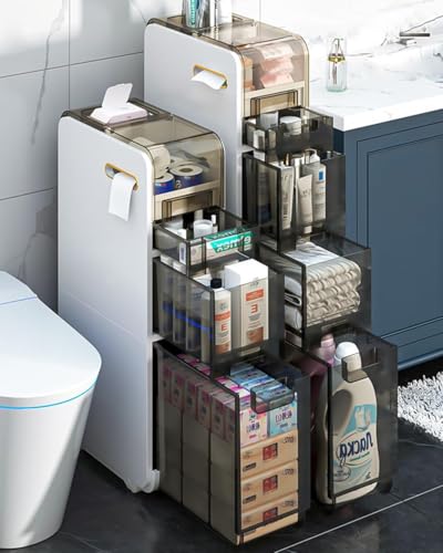 3-Tiers Narrow Storage Cabinet,Sleek Free Standing Toilet Paper Holder,Small Bathroom Floor Cabinet,Slim Plastic Drawer Storage,Multifunctional Organizer,White,6.9''x16.1''x30.8''Lozovin-SNG)