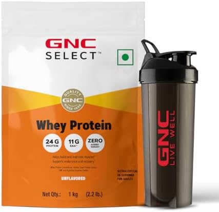 GNC Whey Protein Blend With Free Shaker | 2.2 LBS (1KG) | Unflavoured|24 Gm Protein| Digestive Enzyme For Better Digestion | Faster Muscle Recovery | Boosts Strength & Endurance | Zero Added Sugar | Builds Lean Muscles | Formulated In USA | Imported