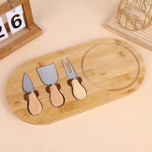 Bambu Peynir Sunum Tabağı, 3 Parça Peynir Bıçağı ve Çatalı Seti, Toplam 4 Parça, Doğal Sunum Seti 34x20 cm