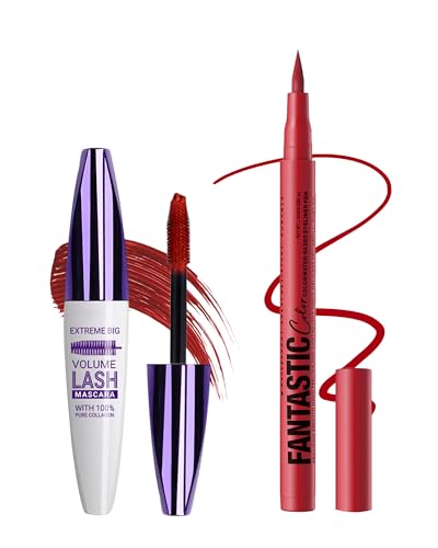 Set de rímel y delineador de ojos rojo, máscara telescópica de fibra de seda 5D Volumen y longitud, delineador líquido de secado rápido, duradero, impermeable, resistente al borrado, maquillaje de