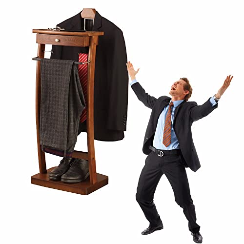 Perchero organizador de madera con barra para pantalones y bandeja de chaqueta, base resistente, soporte de ropa para traje de hombre (44,4 x 30 x 112,2 cm)