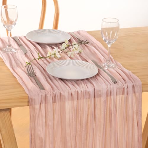 Image of MLMC 2 Pack Pink Table Runner Boho Cheesecloth Table Runner 10ft Rustic Dusty Pink Gauze Cheese Cloth Centerpiece Decor 35x120 Inches for Wedding Bridal Shower Birthday Party