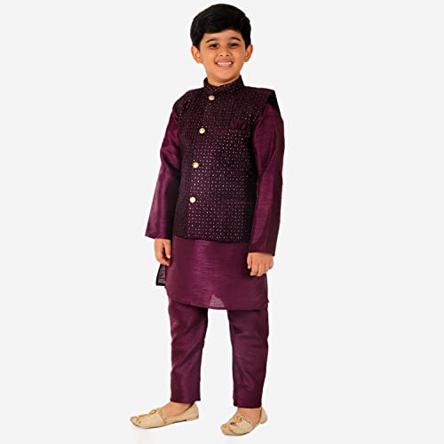Image of Pro-Ethic Style Developer Kurta Pajama For Kids Boys With Waistcoat | Silk | Floral | Traditional Dress (S-200)
