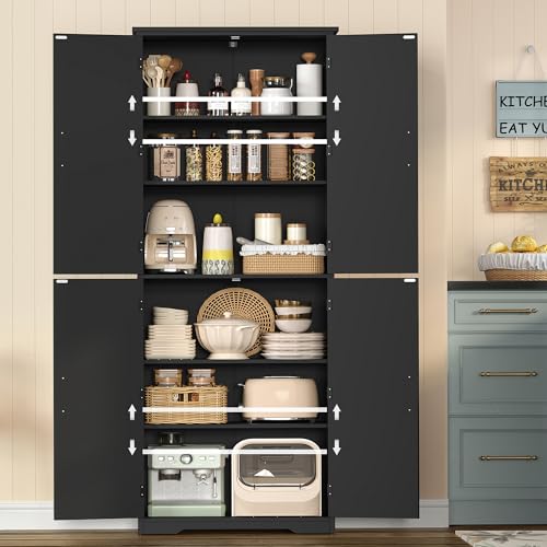 Image of TEENFON Tall Storage Cabinet, Kitchen Cabinet with 4 Shelves, Adjustable Shelves, Pantry Cabinets with 4 Barn Doors, Tall Kitchen Cabinets for Dining Room, Living Room, Black