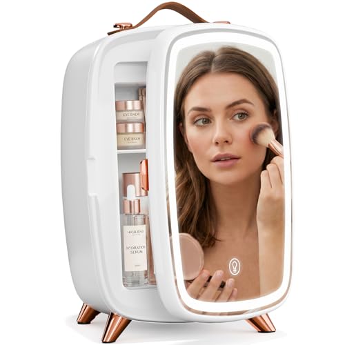 Image of Antarctic Star 6L /8 Cans Makeup Mini Refrigerator with Dimmable LED Light Mirror for Bedroom, Car, Office & Dorm,Portable Small Cooler for Cosmetics,Skin Care,WHITE