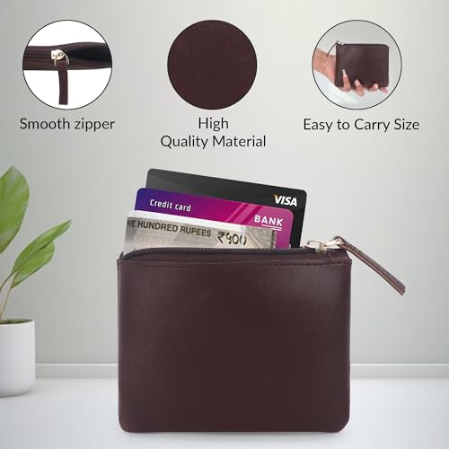 Image of Small Vegan Leather Coin Purse Pouch, Minimalist Zipper Wallet Set in Black and Beige, Compact Money Organizer, Makeup Pouch (Brown-Grey)