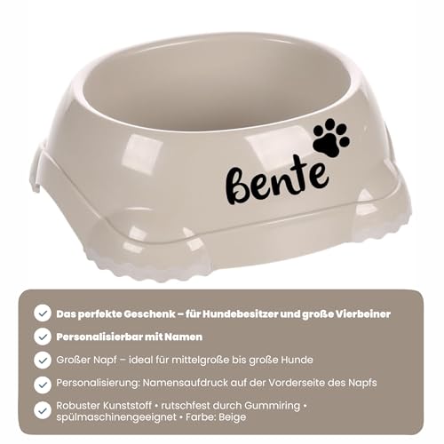 Personalisierter Leno Kunststoffnapf 1200 ml (L) Beige – mit Rutschfester Silikonunterseite – Futter- und Wassernapf – für mittelgroße und große Hunde – personalisiert mit Namen – Petslino