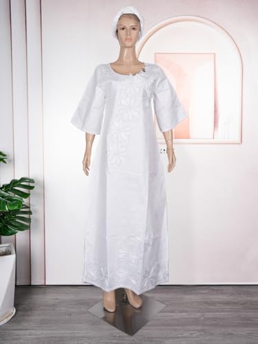 Image of HD African Bazin Riche Maxi Dress for Woman Traditional Embroidery Dashiki Dresses with Head Wraps