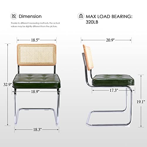 Image of Zesthouse Natural Rattan Dining Chairs Set of 4, Mid Century Modern Dining Room Chairs with Chrome Leg, Faux Leather Kitchen Chair with Solid Wood Back & Cane Mesh, Breuer Cesca Design Inspired, Green