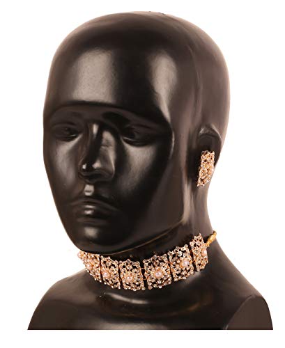 Image of Touchstone Mughal Jali Collection Gold Tone Indian Mughal Bollywood White Diamante Jewelry Choker Set for Women