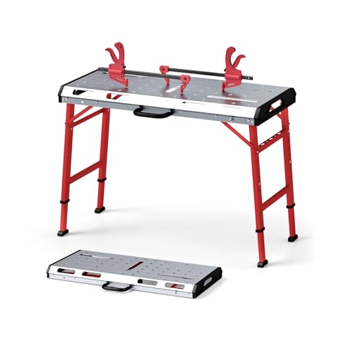 FANTASK Table de soudage Pliable, 107 x 53 cm, Table de Travail, réglable en Hauteur jusqu'à 450 kg, avec 2 Pinces à Barre et poignée de Transport, établi Pliable, Mobile pour Garage, Atelier