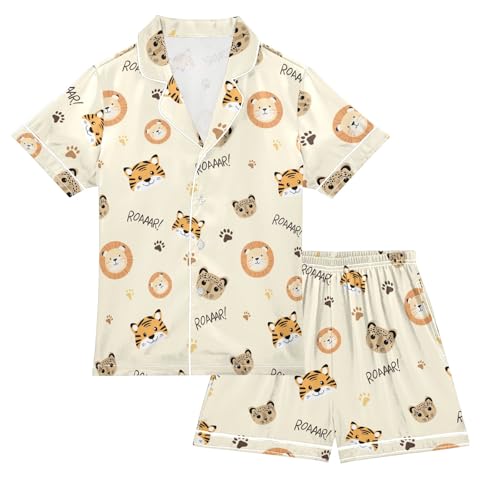 Cartoon Cute Beast Summer Satin Pajama Set, Cute Button-Down Sleepwear Pj Set for Sleep Wears