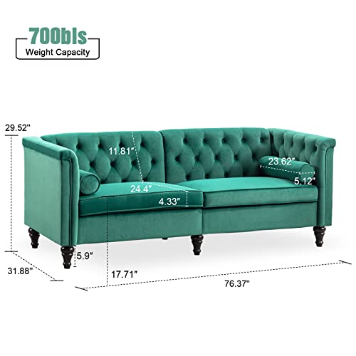 Ttgieet 76'' W Velvet Sofa Mid-Century Modern Love Seats, 3 Seater Sofa Couch With Two Bolster Pillows, Tufted Futon Sofa Furniture For Living Room Bedroom Office （Green） #TOP1