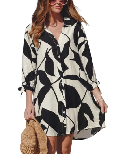 Image of CUPSHE Women Mini Summer Dress Cover Up Oversize Floral Shirt 3 /4 Sleeve Cuff Tie Button Down Beach Dresses Cover Up Top