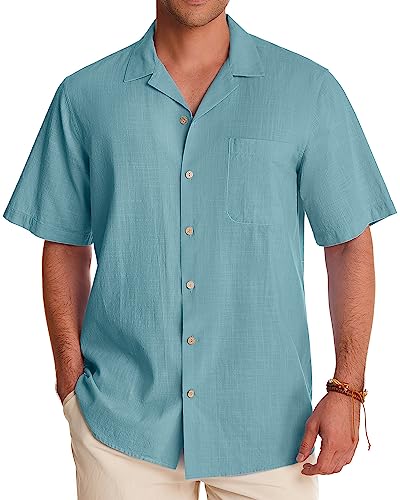 Image of Alimens & Gentle Mens Linen Shirts Cotton Hawaiian Shirts Short Sleeve Button Down Shirts Casual Summer Beach Tops