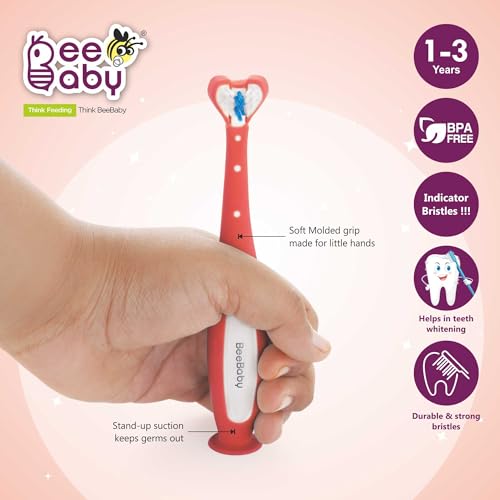 Image of BeeBaby Triple Angle Brush Buddy Toothbrush for Kids 3-6 Years. Suction Cup, 3 Side Super Soft Time to Change Indicator Bristles Ideal for Milk & Permanent Teeth. 100% BPA Free. Pink