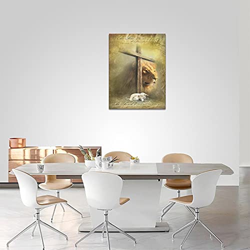 Lion King And Lamb The Cross Wall Art Decor Jesus Cross Christian Religious Painting Canvas Print Vintage Christ Poster Artwork Farmhouse Decorations Framed For Bedroom Living Room 12X16 Inches #TOP3