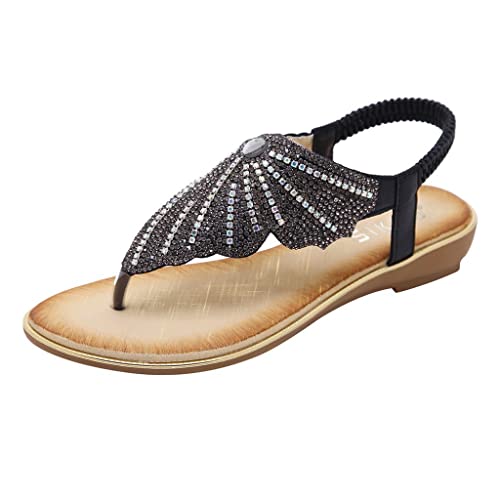 Sandales d'été bohème pour les voyages avec strass étincelants et semelle plate souple