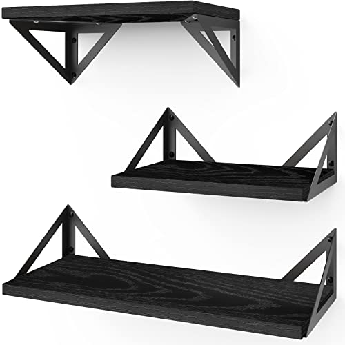 Bayka Floating Shelves For Bedroom Decor, Rustic Wood Wall Shelves For Living Room Wall Mounted, Hanging Shelving For Bathroom, Laundry Room, Small Shelf For Plants, Books(Black,Set Of 3) #TOP3