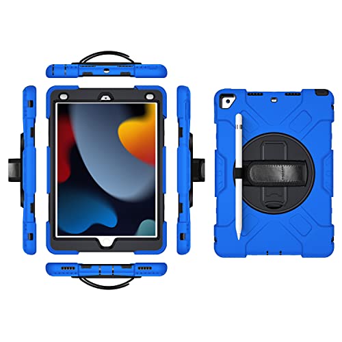 iPad 10.2 2019/2020/2021 Generation Case with Screen Protector Pencil Holder Kickstand 360 Rotating Hand Strap Hand Strap Kickstand Robust Protective Case (Blue)