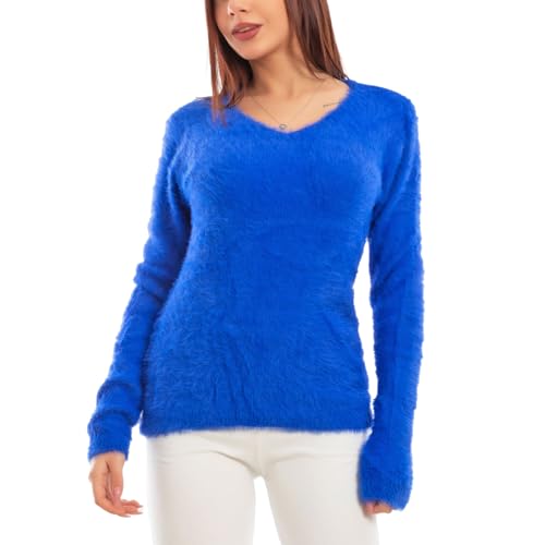 Toocool Pull Femme Col en V Poilu Eco Fourrure Pull VI-9516, bleu électrique, L-XL