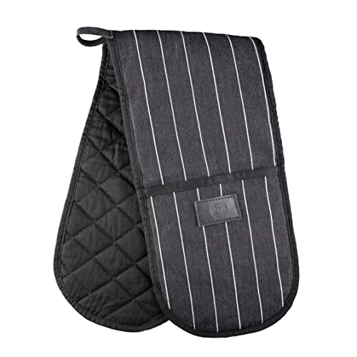 MasterChef Guantes Horno, Manoplas Cocina, Resistente al Calor, 100% Algodón Oven Gloves Antideslizante, Correa para Colgar de Piel Vegano, Gris y Blanco, Negro Cover