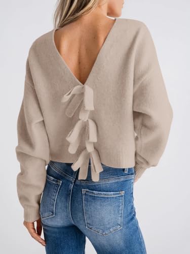 Image of Saodimallsu Womens Bow Sweater Cropped V Neck Long Sleeve Pullover Tops | Soft Cozy Knit, Two-Way Wear Design, Front & Back Bow, Cute Fall Tops 2026, Winter Fashion, Dressy Casual Holiday Outfits